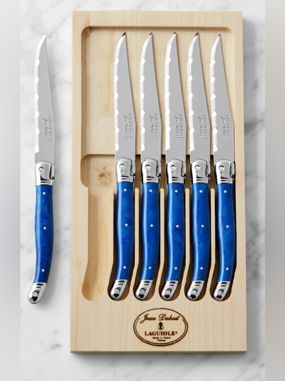 WILLIAMS SONOMA “JEAN DUBOST LAQUIOLE” BLUE MARBLE (6) STEAK KNIVES *NWT $79.95